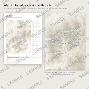 May include: A topographic map print titled NH 48 featuring New Hampshire's White Mountains. The print displays mountain summits marked with triangles, numbered labels, and a list of peaks. A secondary version includes thin dashed hiking trails.