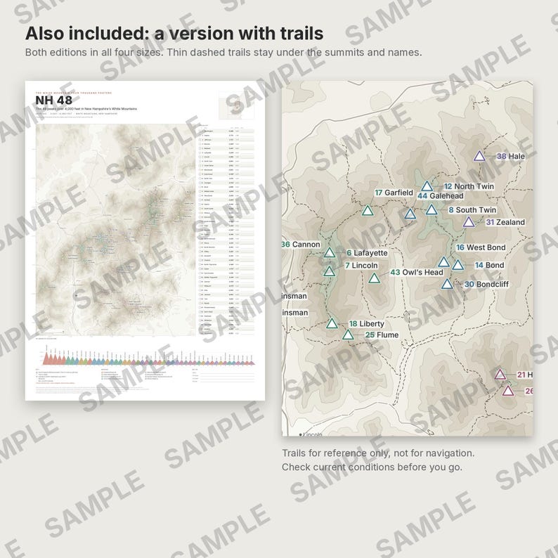 May include: A topographic map print titled NH 48 featuring New Hampshire's White Mountains. The print displays mountain summits marked with triangles, numbered labels, and a list of peaks. A secondary version includes thin dashed hiking trails.
