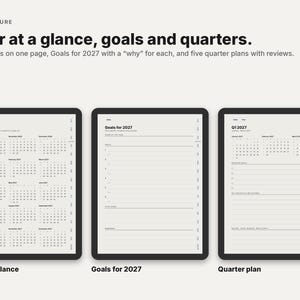 May include: A digital planner layout featuring three screens: Year at a glance, Goals for 2027, and Quarter plan. The text reads: Year at a glance, goals and quarters. 15 months on one page, Goals for 2027 with a why for each, and five quarter plans with reviews.