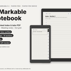 May include: A digital hyperlinked index and tabs PDF for reMarkable 2, Paper Pro, and Paper Pro Move tablets. The display shows an index page with ten sections and a dot grid layout. Text includes reMarkable Notebook, 164,080 links verified, 200 pages, 10 sections, 14 papers, and right- & left-handed.