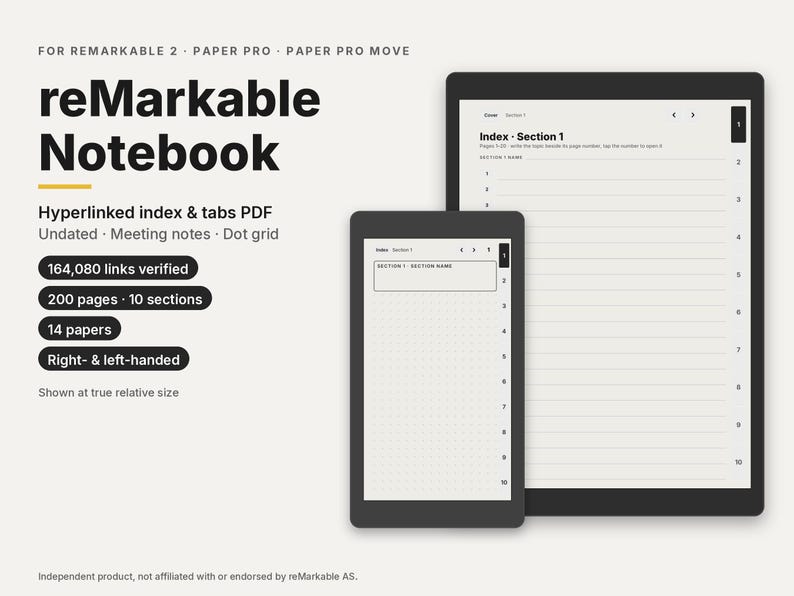 May include: A digital hyperlinked index and tabs PDF for reMarkable 2, Paper Pro, and Paper Pro Move tablets. The display shows an index page with ten sections and a dot grid layout. Text includes reMarkable Notebook, 164,080 links verified, 200 pages, 10 sections, 14 papers, and right- & left-handed.