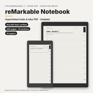 May include: A digital reMarkable notebook PDF featuring hyperlinked index and tabs, undated with 200 pages, 10 sections, and 14 paper types. The display shows a clean interface with numbered sections and a dot grid layout for organized note-taking.
