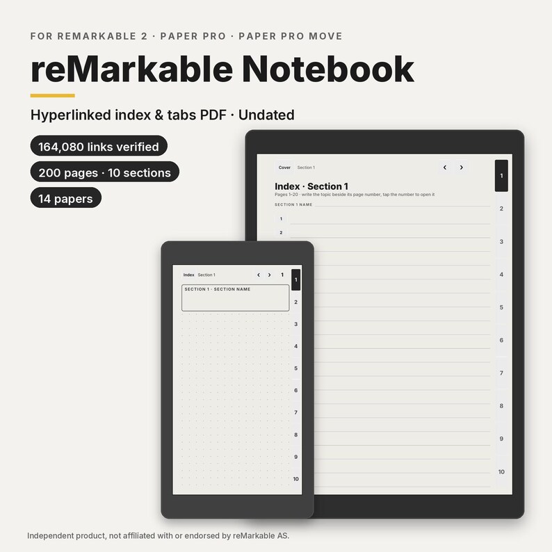 May include: A digital reMarkable notebook PDF featuring hyperlinked index and tabs, undated with 200 pages, 10 sections, and 14 paper types. The display shows a clean interface with numbered sections and a dot grid layout for organized note-taking.