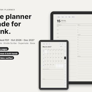 Puede incluir: Un planificador digital 2027 para e-ink mostrado en dos tabletas. El texto dice: 2027 E-INK PLANNER, The planner made for e-ink, Hyperlinked PDF, Oct 2026-Dec 2027, reMarkable, Kindle Scribe, Supernote, Boox, 457 daily pages, 180,604 links.