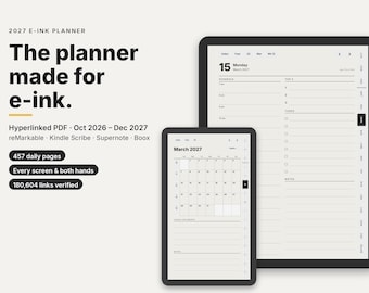 2027 E-ink Planner Hyperlinked PDF, reMarkable Kindle Scribe Supernote Boox Template, Daily Weekly Digital Planner Oct 2026-2027