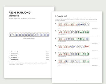 Cuaderno de ejercicios de mahjong riichi en inglés, 150 ejercicios de esperas, descartes, fu y puntos, PDF A4 Letter y eInk