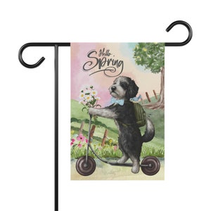 Sheepadoodle dog Spring Garden Flag, Fun gift for Doodle Moms & Dads, Sheepadoodle, Bernedoodle (BOY) Stand NOT included