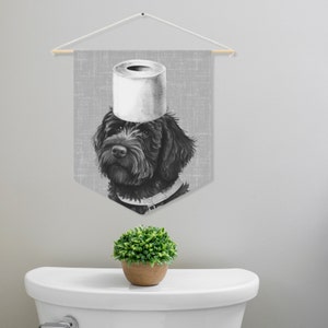 Bathroom Art Decor, Black Doodle Dog Art Print, Toilet Humor, Funny Kids Bathroom decor, Bathroom Wall Art, Dog Wall Decor Gray