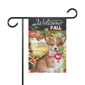 Corgi Dog Fall Garden House Flag, Corgi Mom Dad Gift, Corgi lover Autumn Apples Welcome House Flag, Double-sided Yard Flag