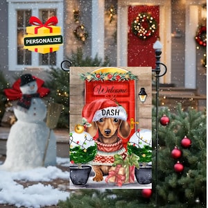 Personalized DACHSHUND Christmas Flag ,Holiday Dachshund Doxie Mom Gift, Home Garden Dog decor flag, Double,sided, Pole NOT included