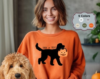 Doodle Dog Halloween Trick or Treat Sweatshirt,  Doodle Mom Gift, Represents most Doodle Breeds, Goldendoodle, Labradoodle & more