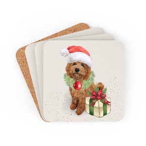 Apricot Doodle Christmas Coaster Set, Goldendoodle, Labradoodle, Doodle Dogs Mom and Dad Holiday gift idea, Corkwood Home Decor