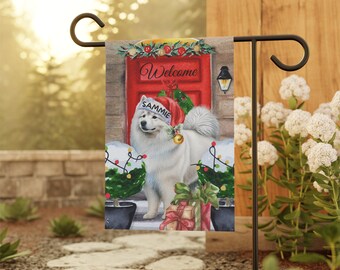 PERSONALIZED Samoyed Christmas Flag,  Samoyed Dog Mom gift, Custom Samoyed Lover Double-sided Flag, Stand NOT included