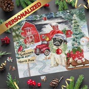 Personalized Pug Christmas Puzzle Gift,  Customized Pug Mom or Dad Gift idea,  (120, 252, 500-Piece) Gift box included
