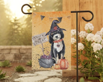 Bernedoodle, Doodle Dog Fall/Halloween Garden, House Flag / Banner, Double-sided, Bernedoodle Mom or Dad Gift Idea, Stand NOT included