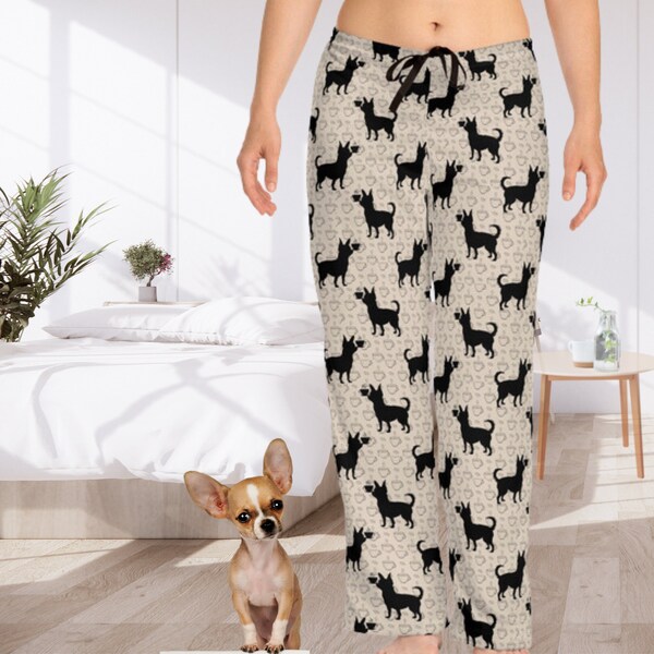 Chihuahua Coffee Pajama Lounge pants, Chihuahua Dog Mom Christmas or Birthday Gift, Women's Dog and coffee lover lounge Pants, Tan & Black