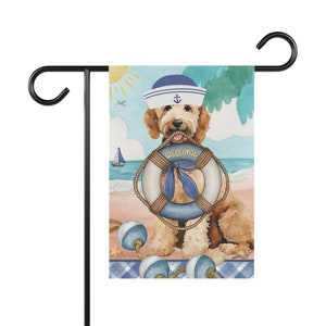 Doodle Dog Garden Flag, Summer Beach themed Goldendoodle, Labradoodle, Double Doodle Mom Gift, Double-sided Flag, Stand NOT included