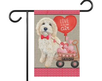 PERSONALIZED Light Blonde Doodle Dog (BOY)Valentine Garden Flag,  Doodle Mom & Dad Gift, Double-sided garden Flag, Stand NOT included