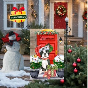 Personalized Boston Terrier Dog Christmas Flag,  Custom Boston Terrier Mom Dad Holiday gift,  Double-sided Flag, Stand NOT included