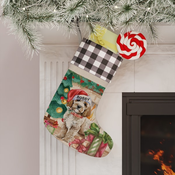 Personalized Cockapoo, Mini Doodle, Labradoodle, Cavapoo Dog Christmas Stocking, Custom Doodle Burlap/Linen stocking, Doodle Mom Gift