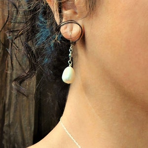 Slightly Baroque Freshwater Teardrop Pearl Drop Earrings, Pearl Drop Earrings, White Pyrite and Pearl Earrings, Mediterranean Summer Jewelry