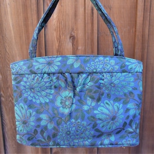 Vintage Midcentury Blue Floral Print Brocade Handbag, Blue Flower Print Bag with Large Side Pockets, Mod Blue Flower Top Handle Purse