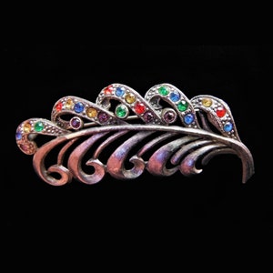 Antique/Vintage Fruit Salad Rhinestone Little Nemo Sterling Silver Feather Brooch, Retro Feather Hat/Scarf Pin, Art Nouveau Feather Brooch