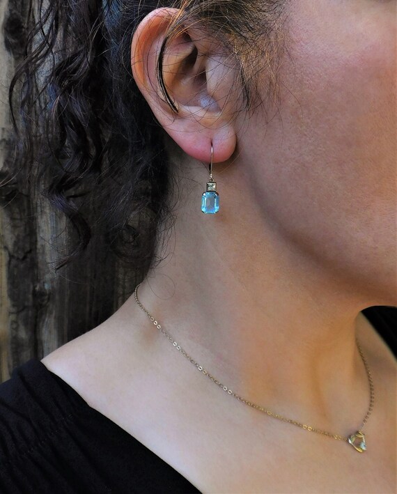 Dainty Rhinestone Earrings, Vintage Blue Glass Rhi