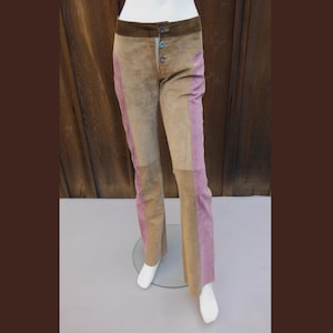 Size 38/XS Marni Color Blocked Suede Pants, Vintage Designer Boot Cut Leather Pants
