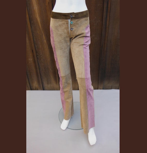Marni, Size 38/XS Marni Color Blocked Suede Pants, Vintage Designer Boot Cut Leather Pants