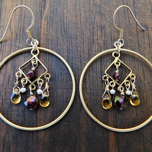 Vermeil Matte Gold Hoop Earrings with Citrine, Garnet and Seed Pearls,Gold Plated Hoop Pendant Earrings with Crystal Bead Accents,Gold Hoops