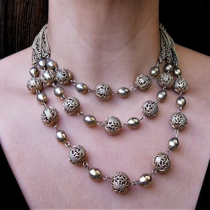 Vintage Midcentury Mod Gold Multistrand Necklace, Gold Chain and Filigree Bead Bib Necklace, En Esclavage Chain Necklace, Big Gold Statement
