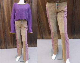 Vintage Size 38/XS Marni Color Blocked Brown Suede Pants, Designer Light Purple and Brown Leather Pants, Boot Cut Multicolor Leather Pants