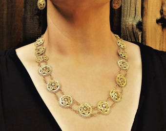 Vintage Berber Inspired Necklace And Earrings Set, Gold Plated Tribal Wirework Jewelry