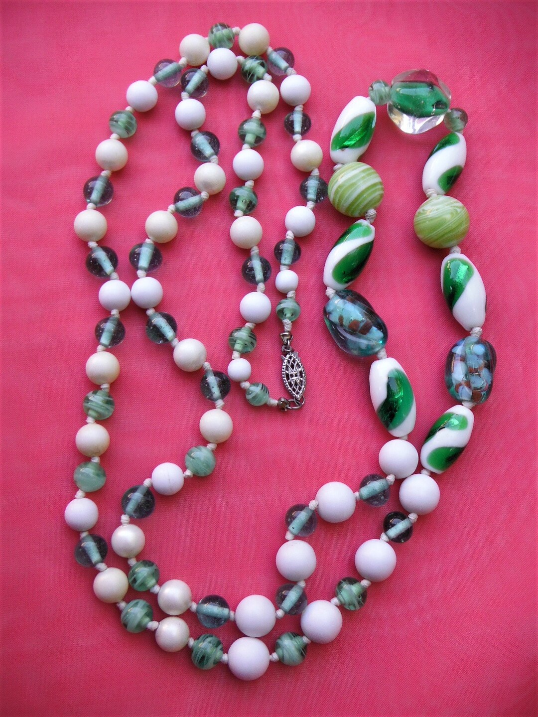 Antique/vintage Green and White Art Glass Bead Rope Necklace Etsy