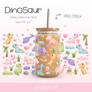 Dinosaur PNG Libbey Glass Can Wrap | Kawaii Pastel Dino Hearts Volcano Palm Tree Cute Prehistoric Tumbler Design | Baby Sublimation UV DTF