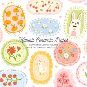 May include: A collection of Kawaii ceramic plates with various designs, including oranges, cherries, daisies, a bunny, and flowers. The plates have scalloped edges and are in pastel colors. Text on the image reads "Kawaii Ceramic Plates".