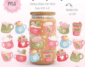 Weihnachtstasse Libbey Glass Can Wrap PNG | 16 Unzen heiße Kakao Kaffeetasse niedlichen Urlaub Drink Lebkuchen Pastell Becher Wrap | UV DTF Wrap