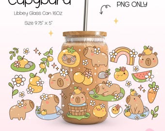 Słodka kapibara Libbey szklana puszka owinięta PNG | 16 uncji Kawaii kapibara owoc kwiat tęczowy letni chill vibes owinięty | Relaksujące zwierzę UV DTF owinięty