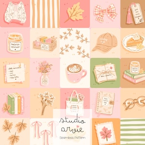 Op de afbeelding: Een naadloos patroon met geïllustreerde iconen van truien, herfstbladeren, geruite strikken, boeken, kaarsen met het label Sweater Weather, koffie, bloemen, draagtassen, notitieboekjes en brillen in een zacht kleurenpalet van roze, oranje, groen en crème.