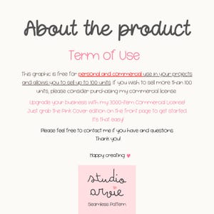 May include: A light pink graphic with the text "About the product" and "Term of Use". The text explains the terms of use for a graphic, including personal and commercial use, and a commercial license option.