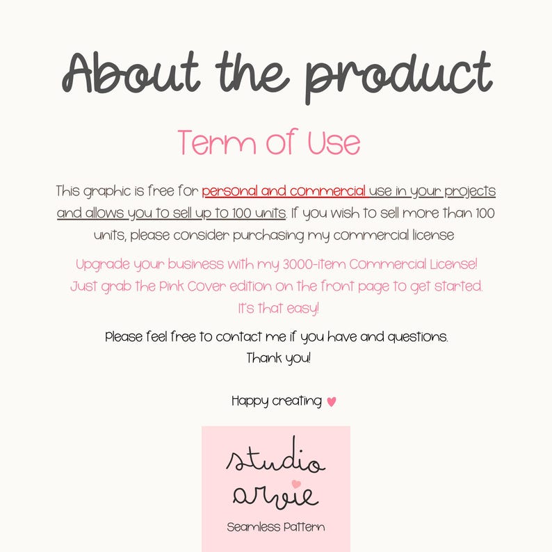 May include: A light pink graphic with the text "About the product" and "Term of Use". The text explains the terms of use for a graphic, including personal and commercial use, and a commercial license option.