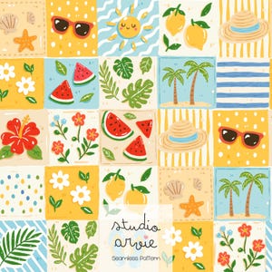May include: A colorful, square pattern featuring summer-themed illustrations. The design includes sunglasses, lemons, watermelon slices, palm trees, flowers, and a smiling sun. The words "studio arvie" and "Seamless Pattern" are also visible.