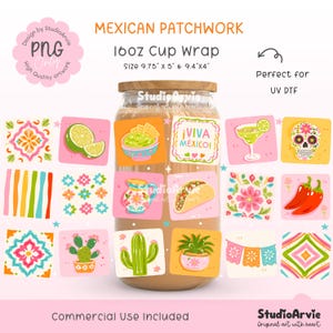 Puede incluir: Un diseño de envoltura para vaso de 473ml con temática de patchwork mexicano, con ilustraciones coloridas de limas, guacamole, tacos, cactus, una calavera de azúcar y motivos florales. El texto incluye MEXICAN PATCHWORK, 16oz Cup Wrap, ¡VIVA MÉXICO!.
