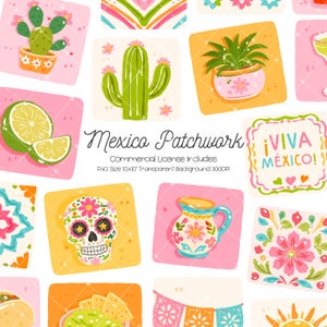 May include: A colorful patchwork design featuring Mexican-themed illustrations. The design includes images of cacti, a sugar skull, a pitcher, and the text "Mexico Patchwork" and "¡VIVA MÉXICO!". The image has a transparent background and is 10x10 inches.