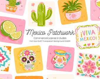 Puede incluir: Un diseño de patchwork colorido con ilustraciones de temática mexicana. El diseño incluye imágenes de cactus, una calavera de azúcar, una jarra y los textos "Mexico Patchwork" y "¡VIVA MÉXICO!". La imagen tiene un fondo transparente y mide 25,4 x 25,4 cm.