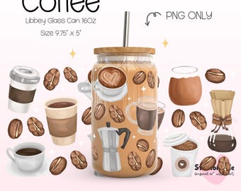 Coffee Lover Libbey Glass Can Wrap PNG | 16oz Iced Coffee Beans Latte Espresso Brewing Tumbler Wrap | Barista Coffee Cup UV DTF Wrap
