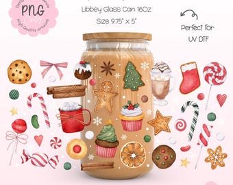 May include: A clear glass can with a wooden lid, adorned with Christmas-themed illustrations. The can is 9.75" x 5" and features images of cookies, gingerbread men, candy canes, and other festive treats. Text reads "Christmas Sweet."