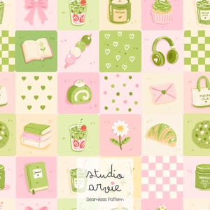 Patchwork senza cuciture a tema matcha, Patchwork per amanti del matcha, Immagine PNG di un simpatico tè matcha, Arte del tè verde giapponese, Regalo per gli amanti del matcha
