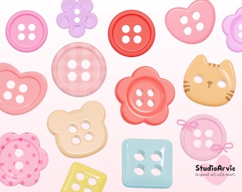 Paquete de imágenes PNG de botones Kawaii 3D / Imágenes prediseñadas de botones lindos de corazones, osos, gatos y flores / Diseño de artículos de costura en tonos pastel / Fondo transparente 300 DPI